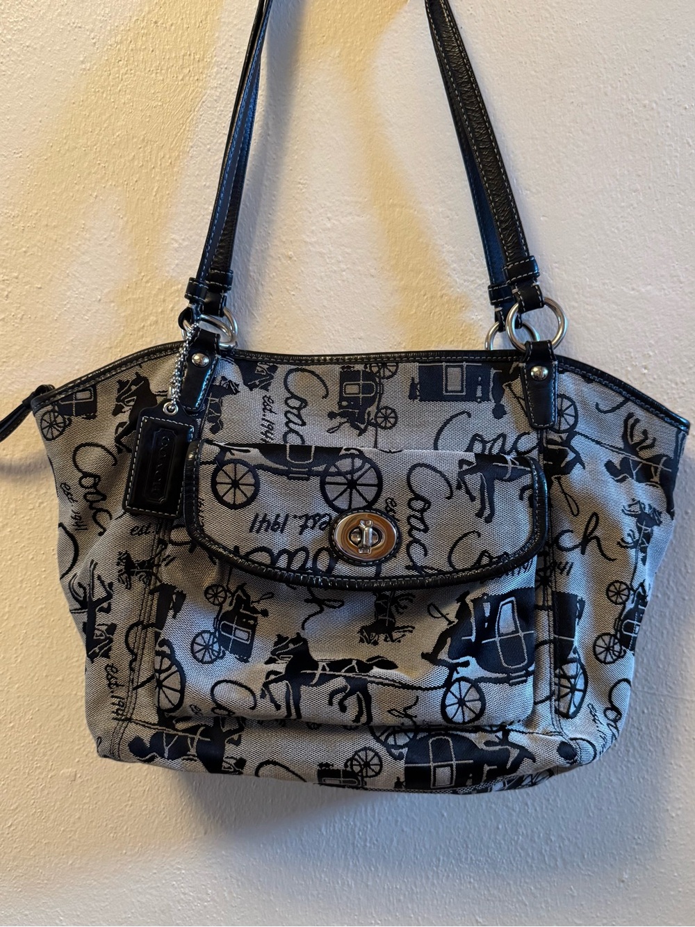 Vintage Coach Horse & Carriage Tote Bag, Black & Grey Jacquard Canvas Shoulder B
